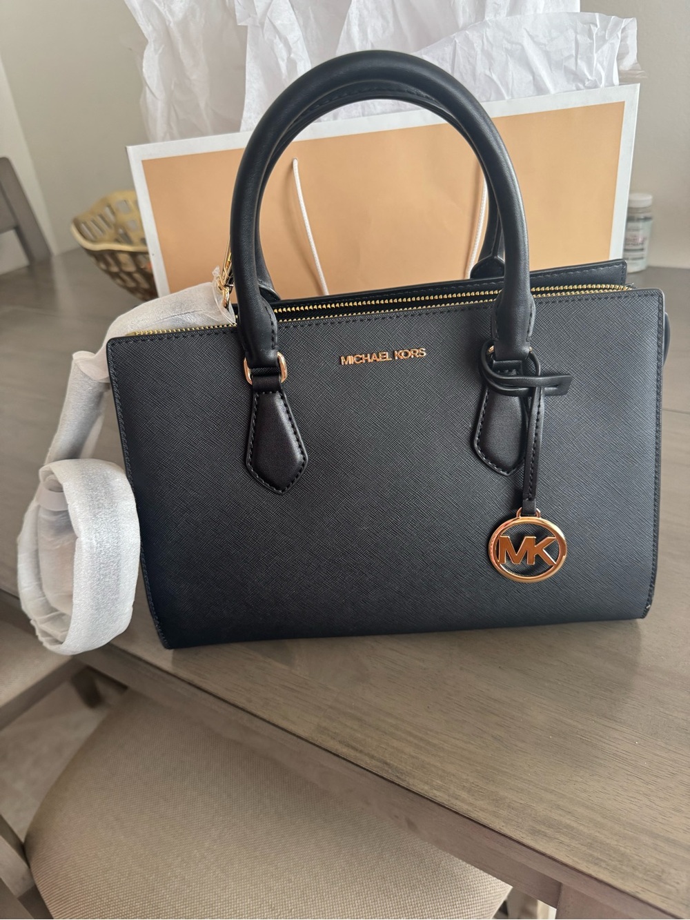 Michael Kors Black Leather Satchel with Gold MK Charm